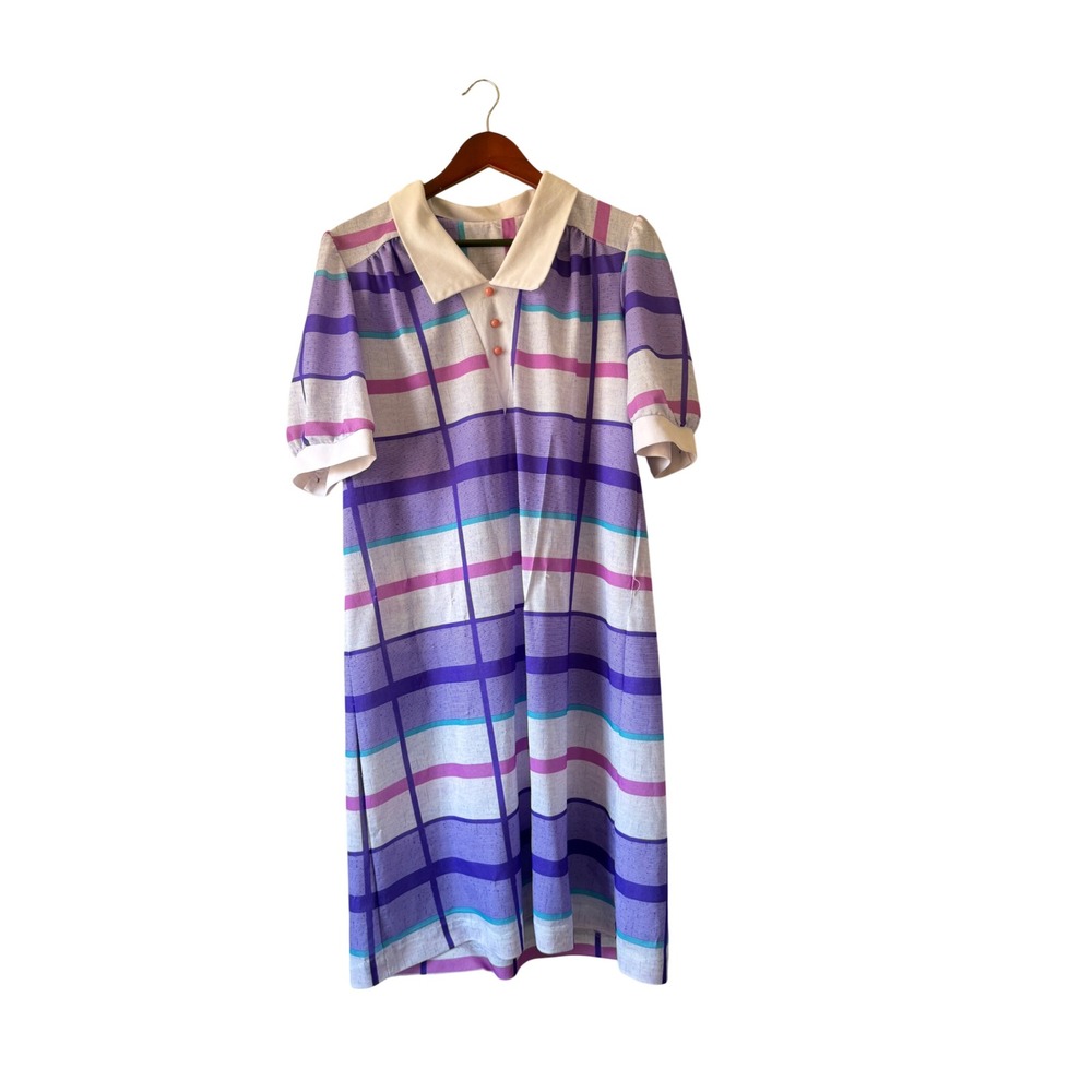Vintage Purple Plaid Short Sleeve Shift Dress White Contrast Collar Retro XL